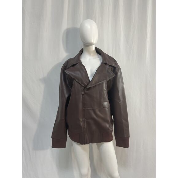 Norma Kamali Oversized Brown Polyurethane Moto Jacket Size M - Picture 2 of 5